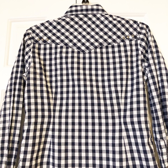 Ariat western style dark blue white checkered fitted long sleeve button fron top - Picture 11 of 16